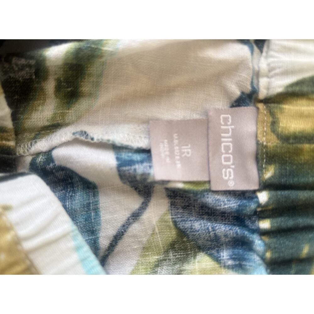 Chico’s Wide Leg Linen Size 1 Floral Tropical Pull On Pant Green Blue - Picture 2 of 4